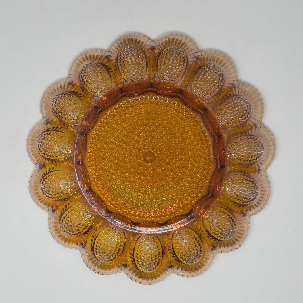 Indiana Glass Gold Carnival Hobnail Egg Plate Relish Tray 1213 Amber Rainbow - Picture 8 of 12